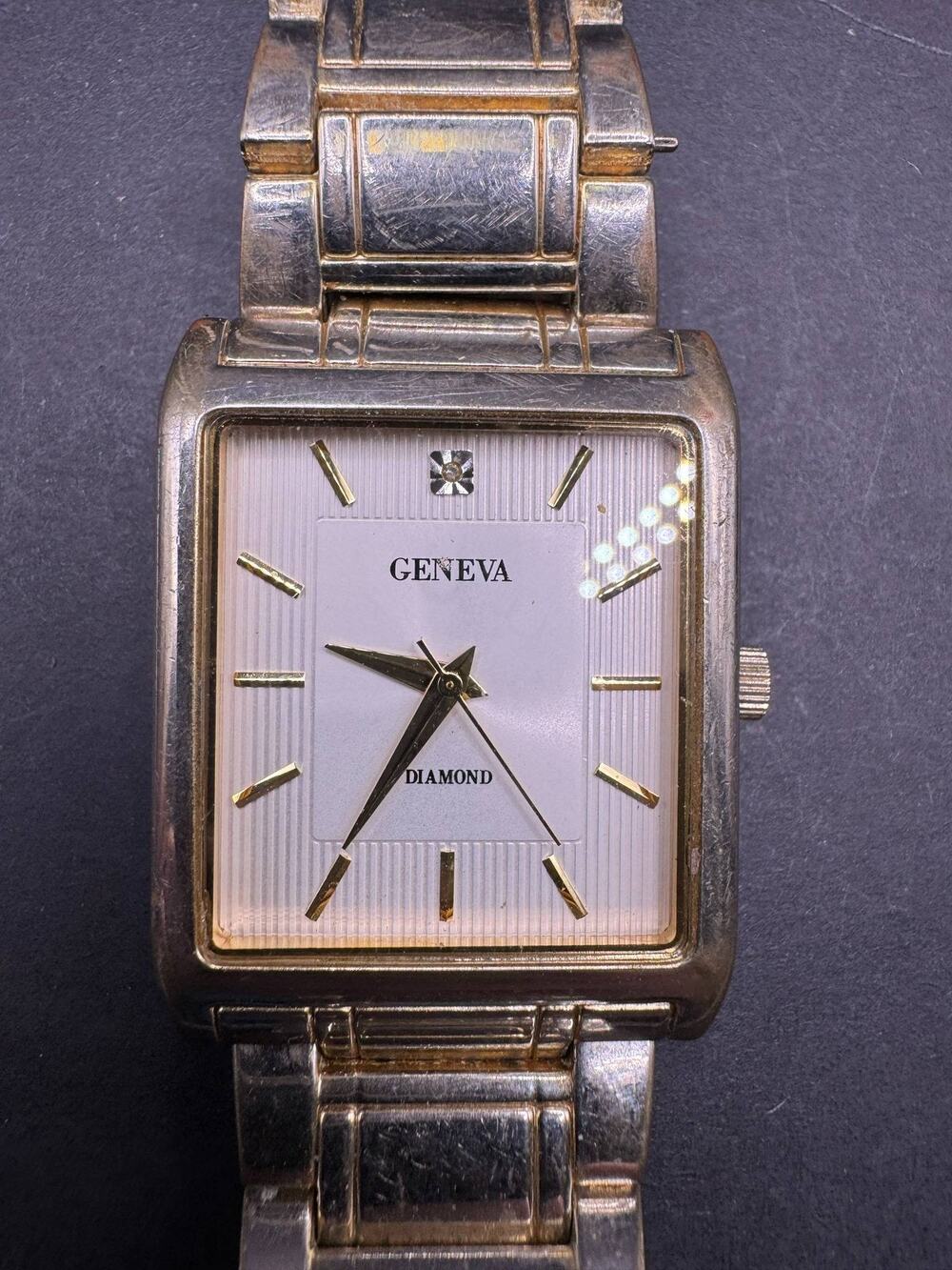 Geneva Diamond Dial Rectangular Gold Tone Stainless Steel Quartz Wrist Watch